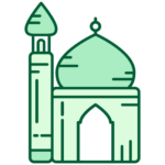 Green line icon of a mosque with a single minaret and a domed roof.