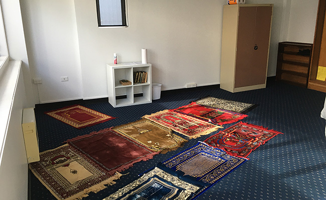 "Prayer room with colorful prayer rugs laid out on a blue carpeted floor, featuring a small bookshelf and window."