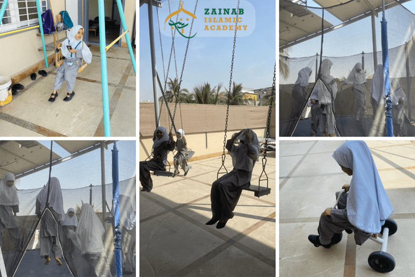 "Collage of children in hijabs playing on swings outdoors at Zainab Islamic Academy."